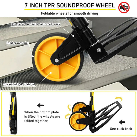 Close-up of yellow rubber wheel on Foldable Aluminum Hand Truck Dolly with 440lbs Capacity, showing foldable design and materials.