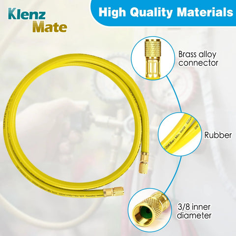 Yellow 72-inch HVAC vacuum hose, rubber outer with 3/8 inch flare fittings and brass connectors