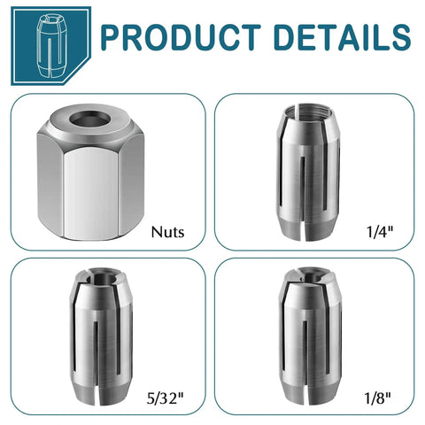 Two Pack Replacement Collet Kit For CN1 And DeWalt Spiral Saws And Drywall Cutout Tools showing 5/32 inch collets and nuts