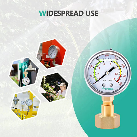 Stainless steel water test pressure gauge kit by Pronese, 2-inch dial, brass lower mount, 0-200 psi, 12-inch hose.