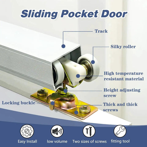 4 Foot Commercial Grade Sliding Pocket Door Hardware Kit with Aluminum Box Rail showing rollers and track system