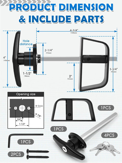 Image showing the dimensions and parts of the Heavy Duty Shed Door T Handle Lock Latch Kit With Four Keys For Barn Coop Storage Doors, Adjustable 4 3/4 Inch Stem, Zinc Alloy, Black Powder Coated Left Lock, Fits Outward Swing Doors Up To Four Inches Thick, 1 Pack.