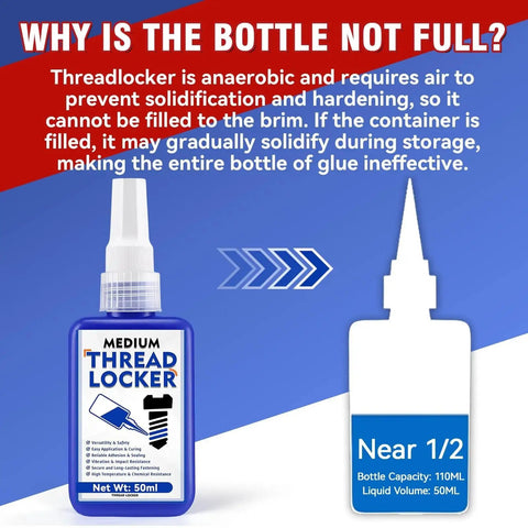 Blue Thread Locker 50ml Medium Strength Waterproof Threadlocker bottle showing liquid level explanation graphic