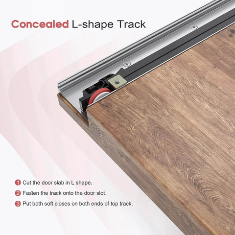 Ceakian 32 Inch Concealed Sliding Barn Door Hardware Kit with Soft Close showing trackless rail system installation