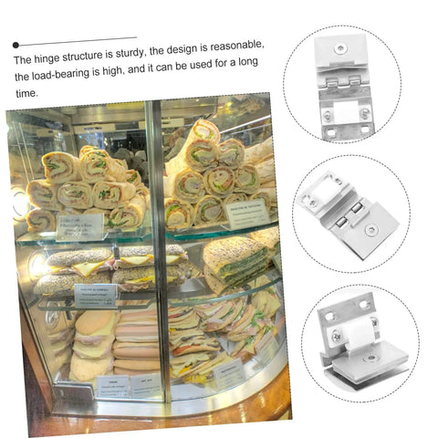 Heavy Duty Glass Door Hinge For Cabinets And Display Units With Screws shown in a display case with sandwiches inside.
