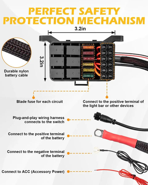 Diagram of Beefy Six Gang Switch Panel With Electronic Relays For DC12V Systems showing wiring and safety features