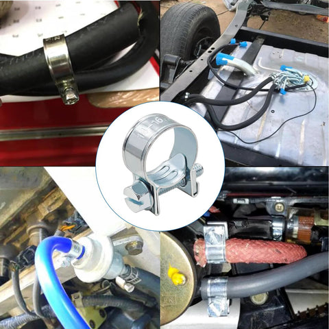 Automotive hose clamp set, 32-piece metal worm-drive clamps for 1/4 in, 5/16 in, 3/8 in hoses; shown on fuel lines.