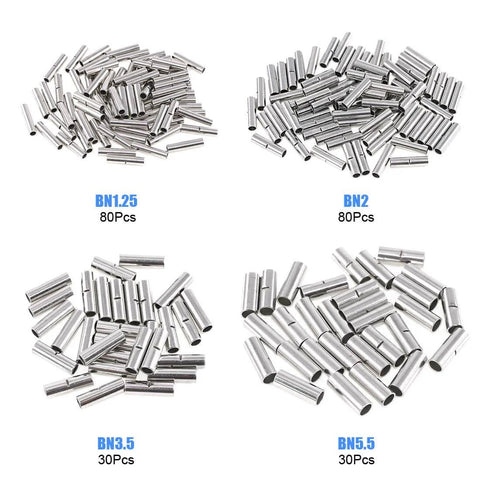 Non Insulated Butt Connectors Kit 220 Pieces Assortment For Quick DIY Wiring Splices And Crimp Terminals Wide AWG Range From 22 Down To 10 For Copper Wire, showing 4 groups with different sizes labeled BN1.25, BN2, BN3.5, BN5.5.