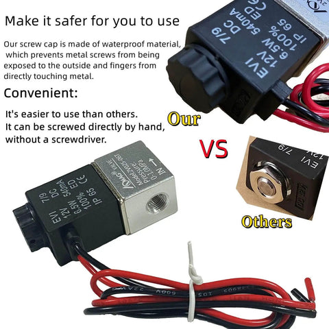 12V DC Aluminum Solenoid Valve for Air and CO2 with waterproof screw cap, 1/8 inch NPT, comparison of our solenoid vs others