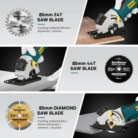 Compact Enventor Mini Circular Saw With Laser Guide Corded 4.8 Amp 4000 RPM Workhorse For Wood Metal Tile And Plastic next to blades