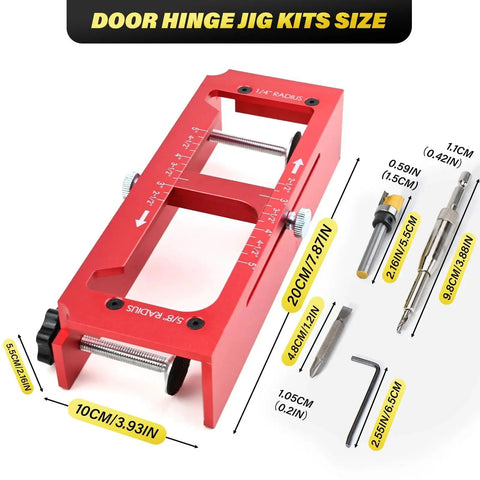 Aluminum Alloy Door Hinge Mortiser And Adjustable Jig For Hinge Installation From 2.5 Inch To 5 Inch In Length Supports Square Corner And Radius Hinges One Quarter Inch And Five Eighth Inch With Built In Depth Gauge For Precise Mortises displayed with components