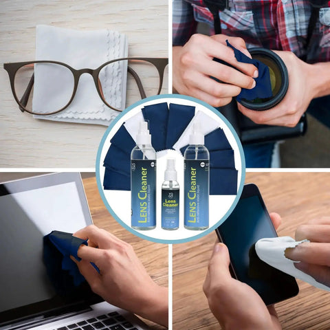 Eyeglass Lens Cleaner Kit with 8oz bottles and 12 microfiber cloths, shown cleaning glasses, camera lens, computer screen, and smartphone.
