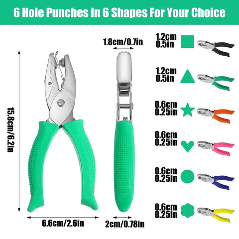 Grab And Go Six Piece Craft Hole Punchers Set with Handheld Metal Punches and Soft Grip Handles, showing circle, heart, star shapes.