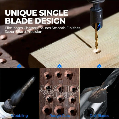 Must-Have Countersink Drill Bit Set for Woodworking, 5-Piece Pro-Grade High-Speed Steel Bits drilling wood, showing single blade design.