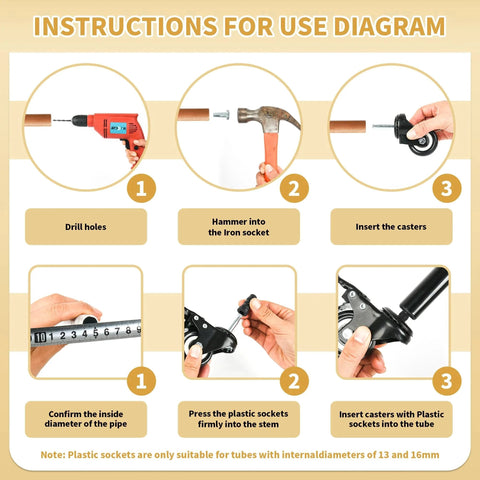 Instructions diagram for installing 2 inch stem caster wheels set with 5/16 by 1-1/2 inch stem for furniture and industrial use.