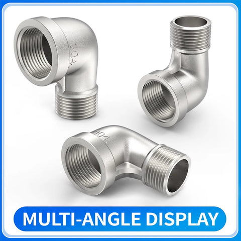 90-degree elbow pipe fittings, 304 stainless steel, 1/2 NPT male x 1/2 NPT female, 3-pack.