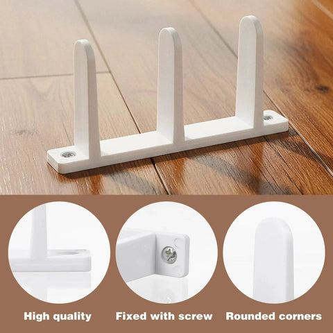12 Pack Sliding Closet Door Floor Guides, Universal ABS Bottom Guides For 1-3/8 Inch Thick Doors, White Cabinet Hardware With Screws, shown on wooden floor with close-ups of features.