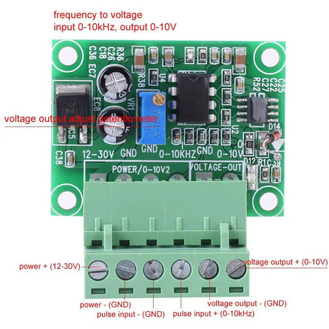 Front view of Plug And Play Frequency To Voltage Converter Module 0 To 10 kHz To 0 To 10 V Analog Output For PWM Control of PLC and VFD