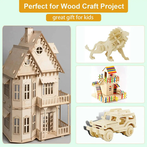 Four Pack Basswood Sheets 12 By 12 Unfinished One Twelfth Inch Plywood Blanks For Laser Cutting Engraving Burning And Crafts Perfect For DIY Makers Crafters And Creative Projects displayed as assembled wood crafts like a house, lion, colorful barn, and jeep.