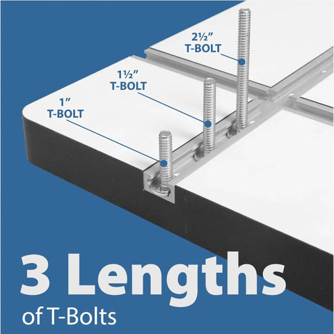 Three different lengths of T-Bolts displayed in T track; part of the 46 Piece T Track Bolts And Knobs Kit With 1/4-20 Bolts And Threaded Knobs.