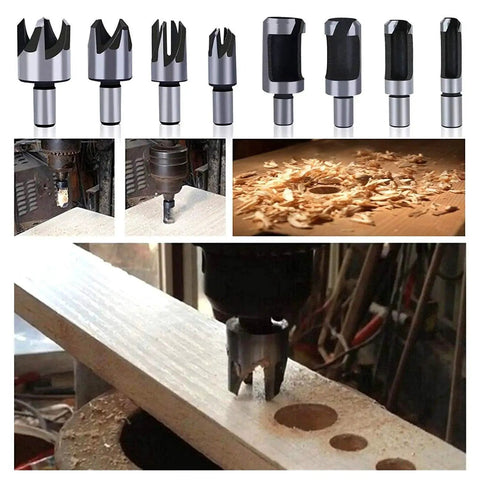 All In One Woodworking Chamfer Drill Bit Set Featuring Rocaris 23 Piece Kit with drill bits cutting wood plugs and sawdust.