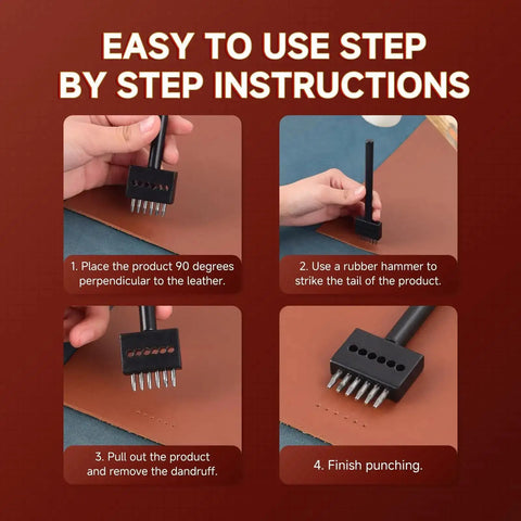 Pro Grade 3 Piece Prong Punch Tool Set For Leather Crafting step-by-step instructions on brown leather surface