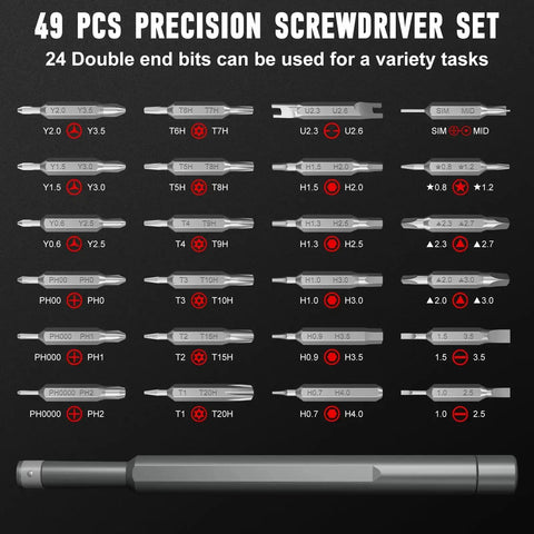 49 pcs precision screwdriver set with 24 double-ended bits including Torx, Pentalobe, Tri Wing, Phillips, Flathead, Hex, and Star bits.