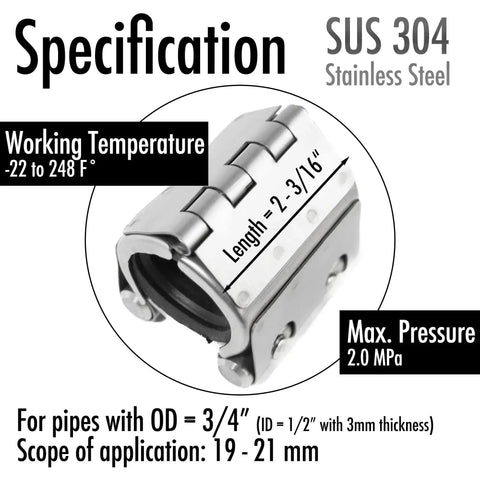 Specification sheet for Emergency Pipe Repair Clamp For 3 Quarter Inch OD And 1 Half Inch ID Pipes Quick Fix 3mm Thick Body Leak Sealer Kit