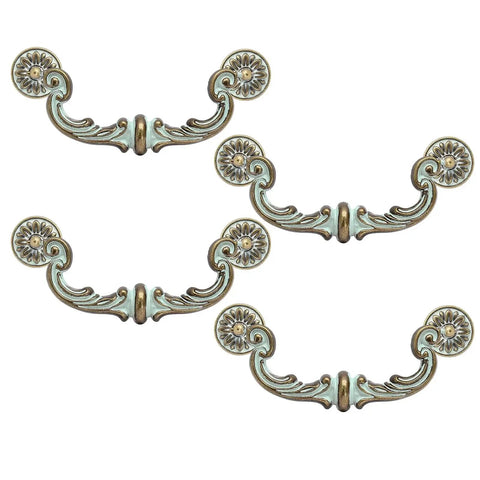Four Piece 6 Inch Center Hole Pull Handles Set in zinc alloy, vintage drop down bail swing dresser pulls for kitchen cabinets and furniture.