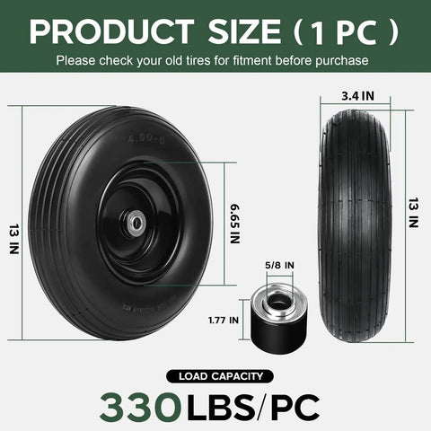 13 Inch Solid Flat Free Replacement Tire And Wheel 4.00-6 With Five Eighth Inch Axle Bore for carts, 330 lbs capacity, dimensions labeled