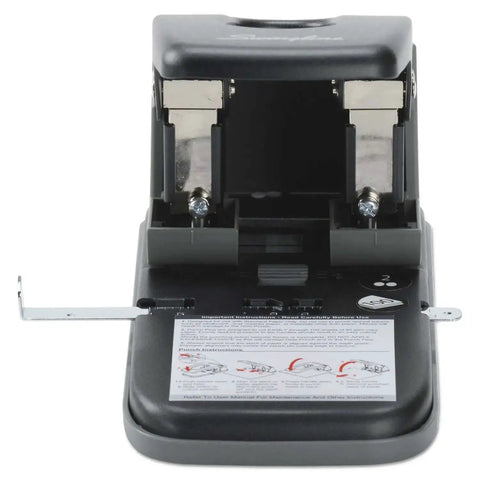 Front view of heavy duty two hole punch with high capacity for 100 sheets, built tough metal construction, wide handle, black finish