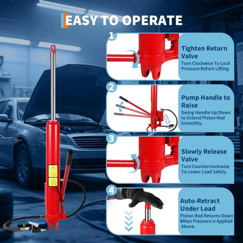 Image showing 8 Ton Hydraulic Engine Hoist Cylinder With Clevis Base And Air Pump For Lifts in auto shop, highlighting features.
