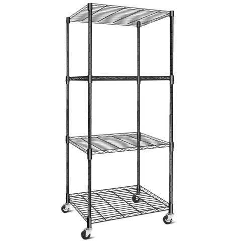 Tall metal wire shelving unit with Two Inch Rubber Stem Casters For Wire Shelving And Rolling Carts Set Of Four With One Quarter Inch Threaded Stem Replacement Wheels For Shelving Parts Compatible With Common Adapter Threads Such As Five Sixteenth To Eighteen And M8 M10 installed.