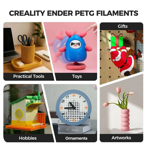 Collage of various objects made with Premium PETG 3D Printer Filament 1.75mm 2kg For Ender Series, including toys and gifts.
