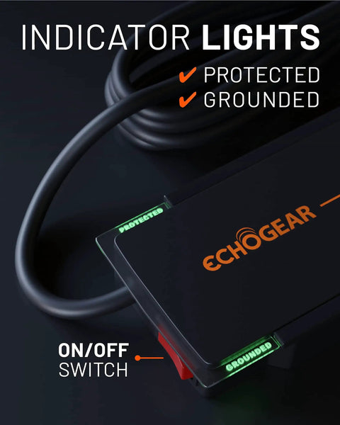 Close-up of Eight Outlet Surge Protector Power Strip With Slim Profile And 3420 Joules Of Protection, showing indicator lights.