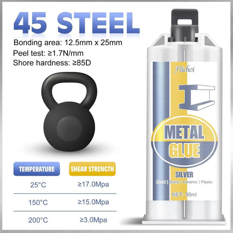 Heavy Duty Metal Glue Epoxy Adhesive 3.4 oz for Stainless Steel Aluminum Ceramics Plastics bottle with bonding specs shown