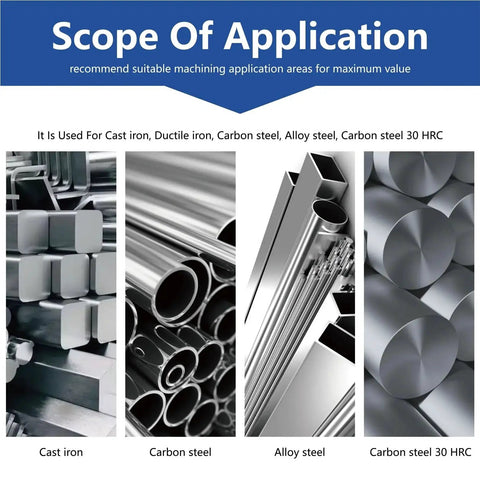 Different metal materials including cast iron, carbon steel, alloy steel, and carbon steel 30 HRC displayed in separate columns for application.