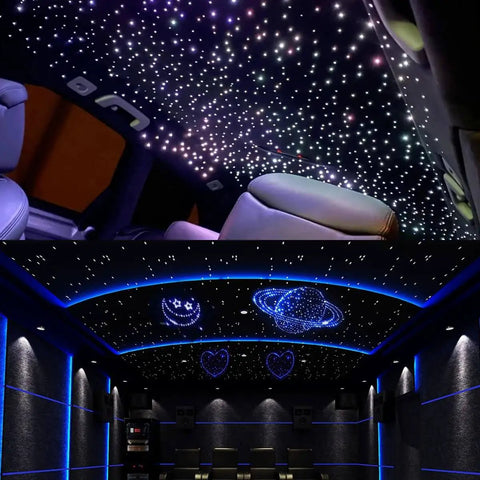 Starry ceiling effect in car and home with 20W Dual Head Fiber Optic Lights Kit With RGBW Twinkle Heads, 600 strands, remote controlled.