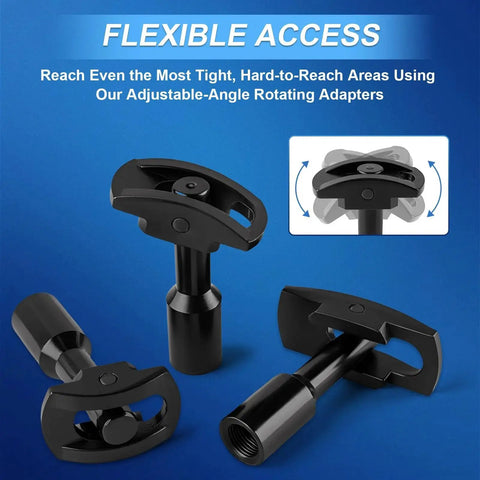 Rear Axle Bearing Puller Tool Kit With Slide Hammer Set showing adjustable-angle rotating adapters for tight areas