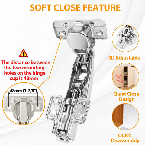 TamBee 175° concealed hinge for frameless cabinets, 48mm mounting, nickel-plated steel, soft-close damper, 1 pair