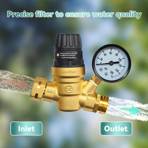 Landnor RV water pressure regulator valve with gauge, brass lead-free construction, adjustable knob and inlet screen filter