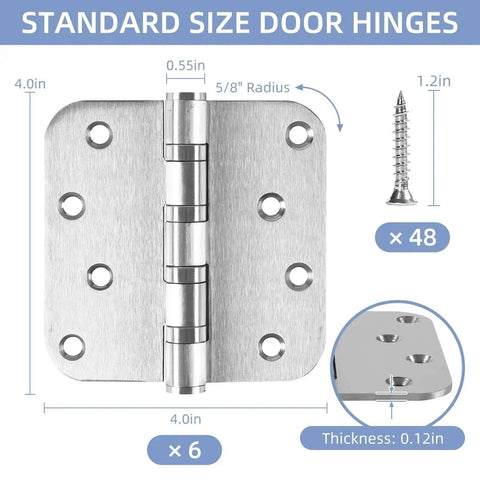 Heavy Duty Stainless Steel Door Hinges Set 6 Pack, 4 By 4 Inch Brushed Nickel Ball Bearing Hinges With Non-Removable Pin, 5 Eighths Radius Corners