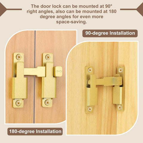 Two Pack 90 To 180 Degree Barn Door Lock Latches With Screws And Glue For Easy Install In Gold Tone for 90 and 180-degree installation.
