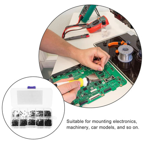 Close-up of a person using 1000-piece round head self-tapping screws set M1.3 M1.4 M1.5 for electronics repair next to a screw kit box.