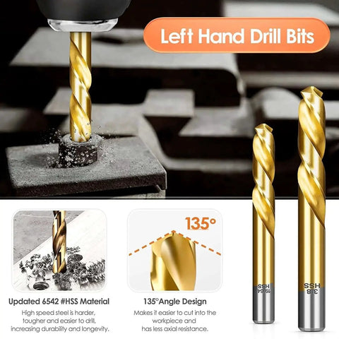 Close-up of 14Pcs Screw Extractor And Left Hand Drill Bits Set For Removing Stripped Screws And Broken Bolts. Features cobalt HSS design.