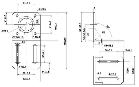 Technical drawing of Budget NEMA 17 Stepper Motor Mounting Bracket Made From Steel Alloy With A Tough Plastic Finish ST M1