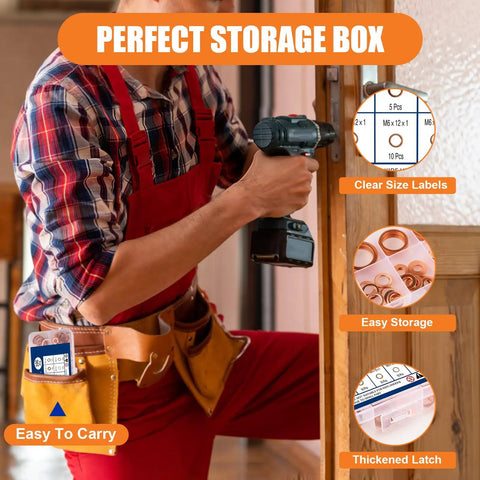 Person using drill with Copper Washer Kit 100 Pcs Ten Sizes From M5 To M20 Premium Copper Crush Gasket Assortment for sealing tasks nearby.