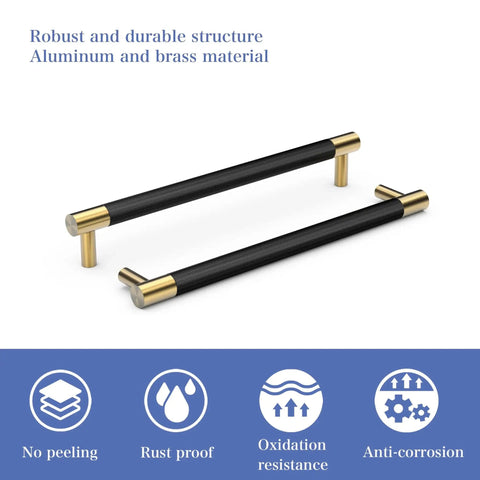 Brushed Satin Gold Brass Finish T Bar Cabinet Handles Set of 10 With Electroplated Matte Black Accents, shown with anti-corrosion properties.