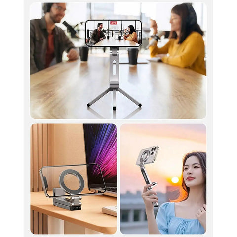 Aluminum Magnetic Phone Tripod For iPhone 12 Through 16 Pro Max Series in use on a table, setup for video call, showing versatility.