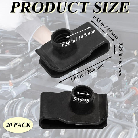 20 Pcs Black U Type Nuts Clip On Fasteners for Auto Fender Bumper Grille Retainer Clips Five Sixteenths Inch by Eighteen Unified National Thread Extruded U Style Nuts shown with dimensions over car engine backdrop.